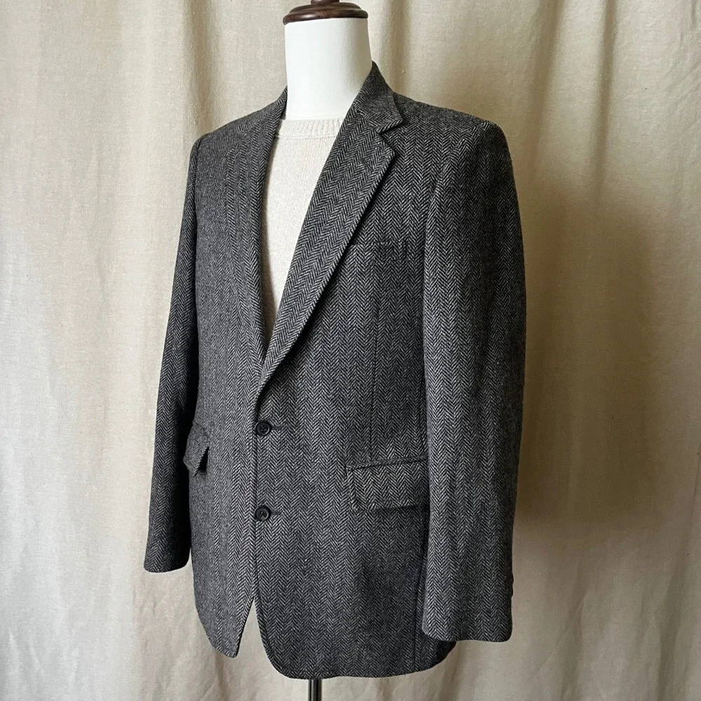 Herringbone Tweed Blazer‎ Mens 38R Gray Wool USA Vintage Sport Coat